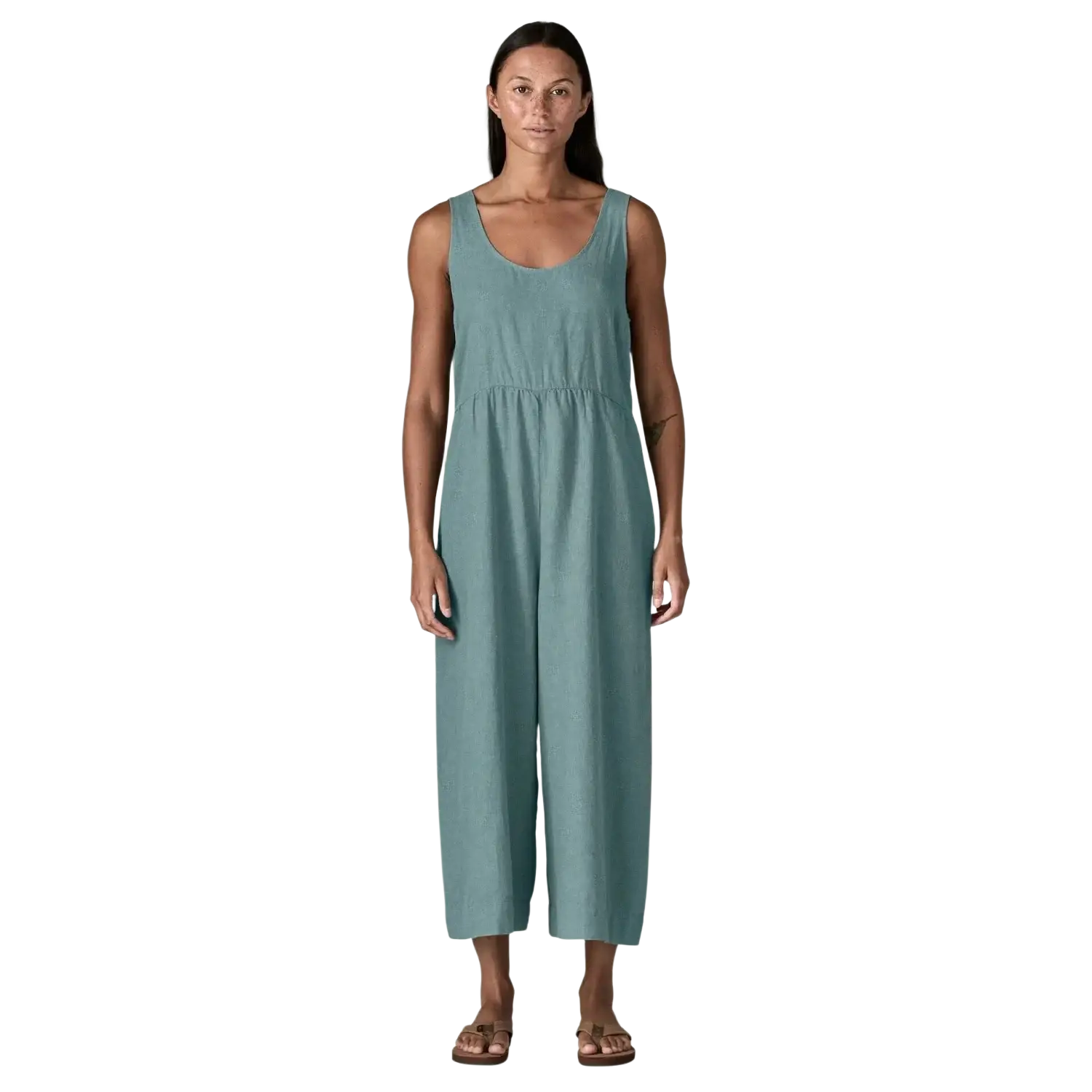 Patagonia Women's Garden Island Jumpsuit in whole weave blue sage, on model front view