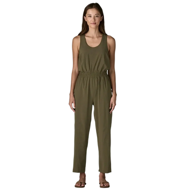 Patagonia Women's Terrebonne Traveler Jumpsuit in basin green, front view on model
