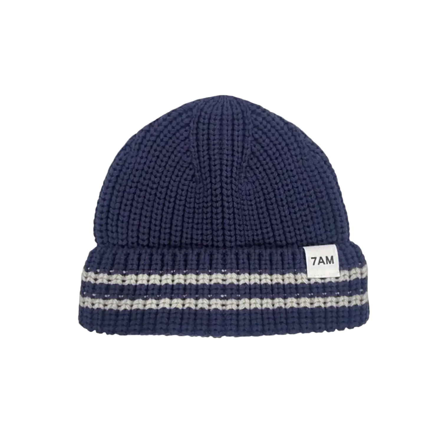 7AM Enfant Baby Chunky Beanie in navy & pearl grey, flat front view
