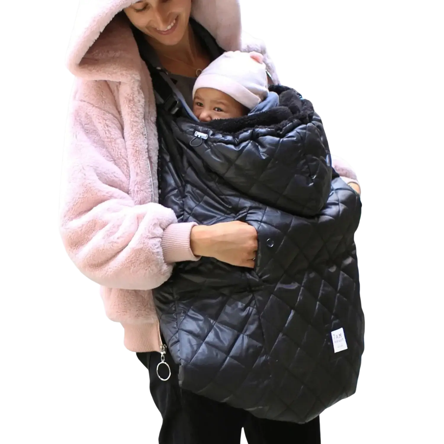 7AM Enfant Baby K-Poncho in black plush, on model carrier view
