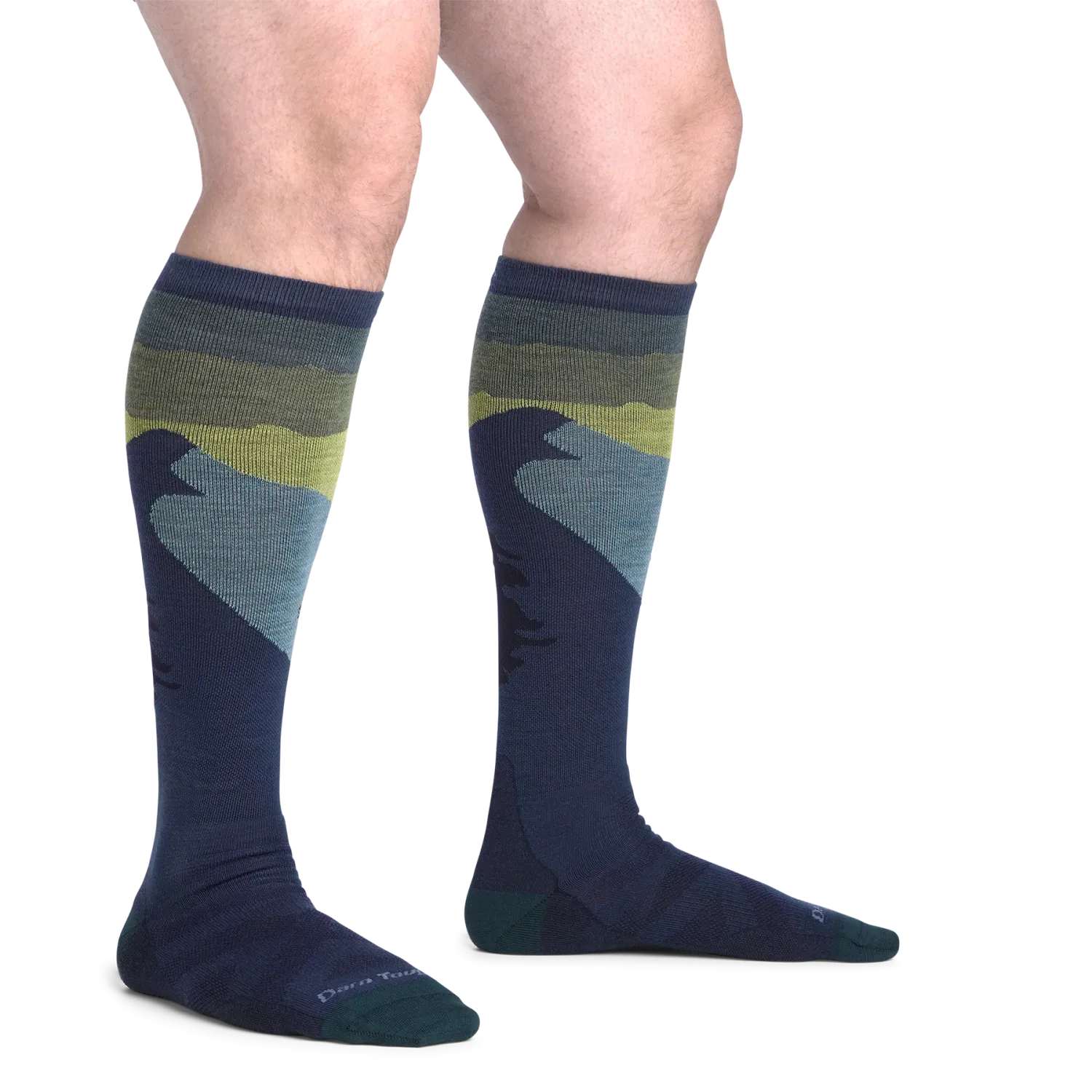 Darn Tough Men's Solstice Over-the-Calf Lightweight Ski & Snowboard Socks in eclipse, on model view