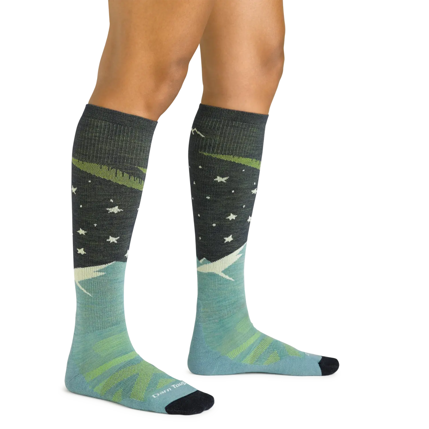 Darn Tough Women's Aurora Over-the-Calf Lightweight Ski & Snowboard Socks in aqua, model size view