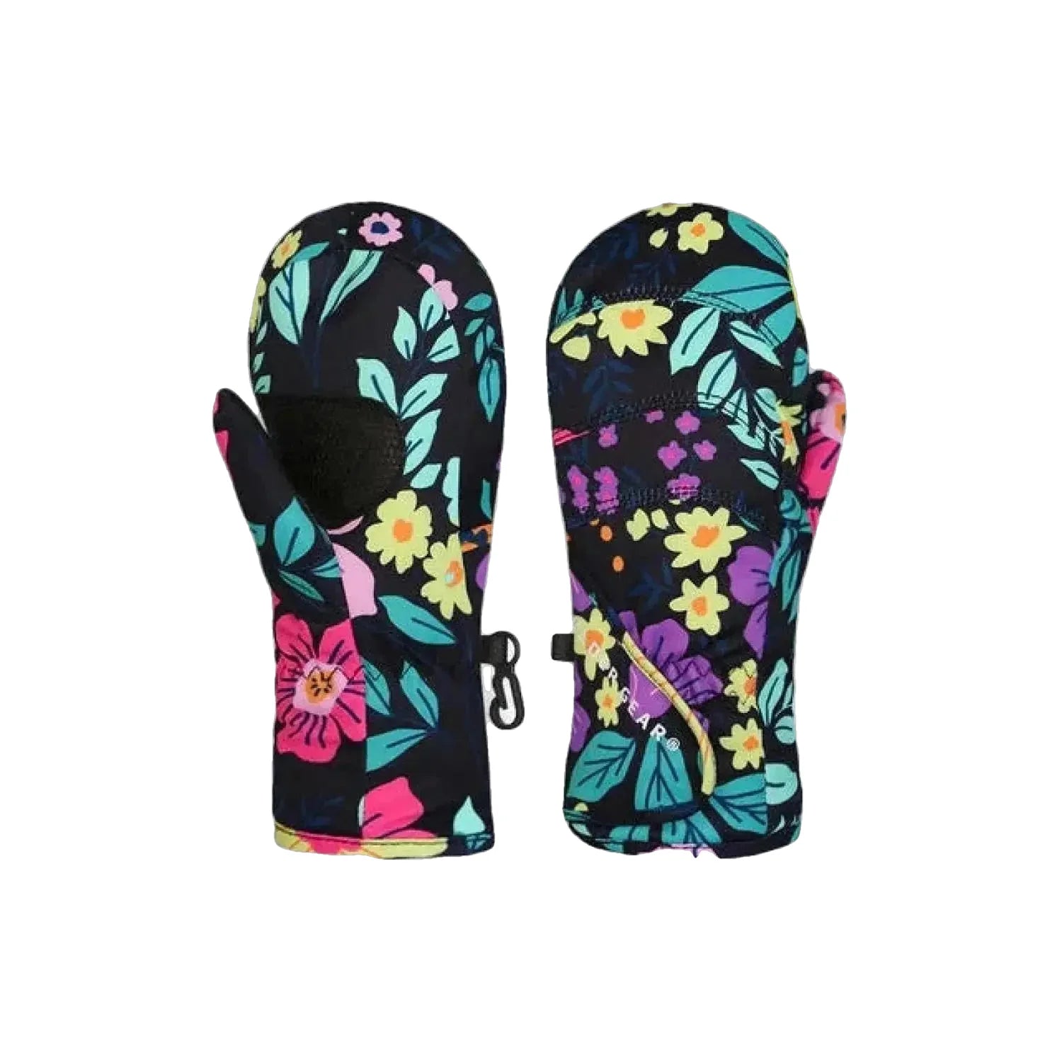 Boulder Gear's Flurry Mittens in Wild Flower.  Black background with purple, yellow, and pink flowers with green leaves.