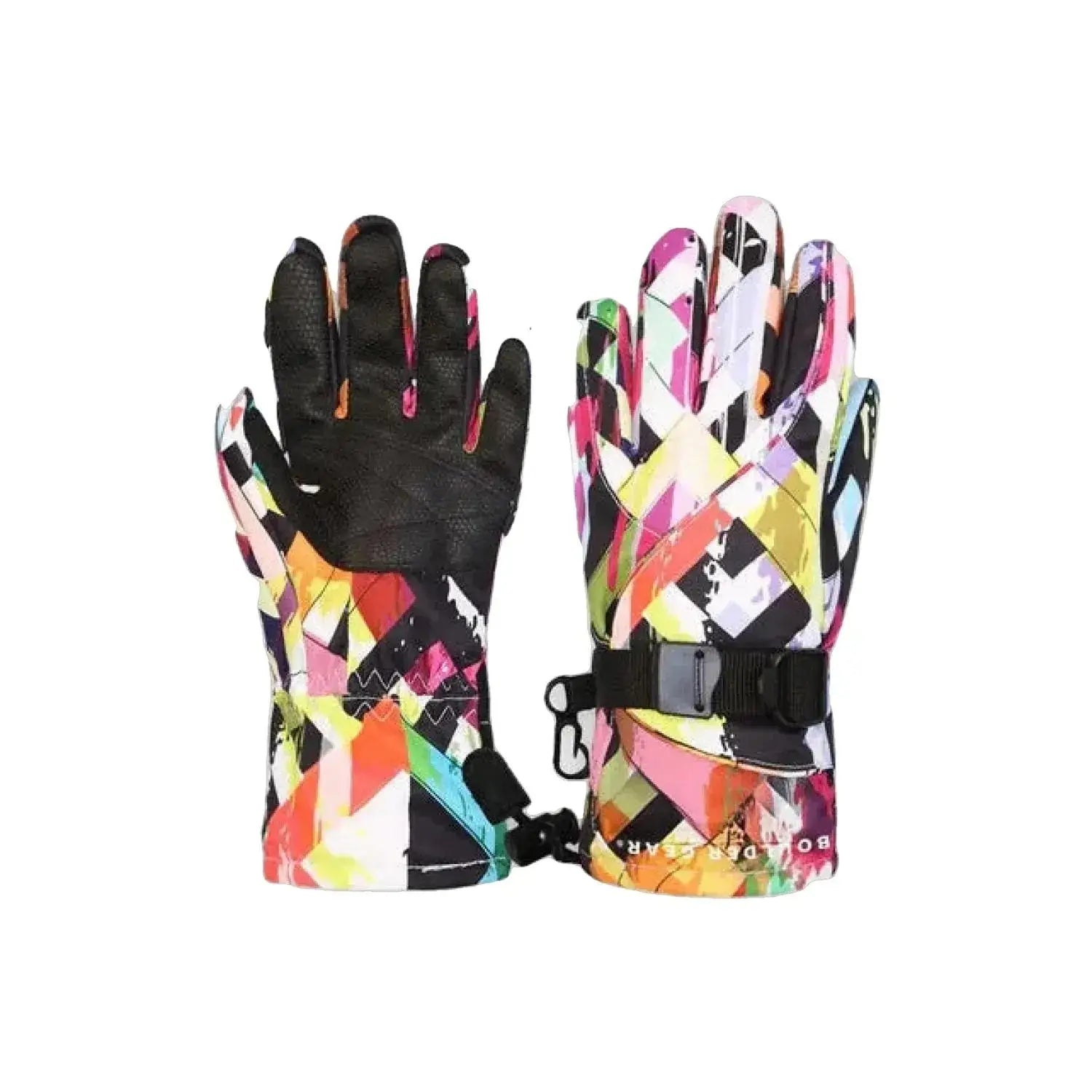 Boulder Gear Mogul II Gloves in Miss You. Pink, red, orange, teal, black, white, yellow, and blue geometric pattern.