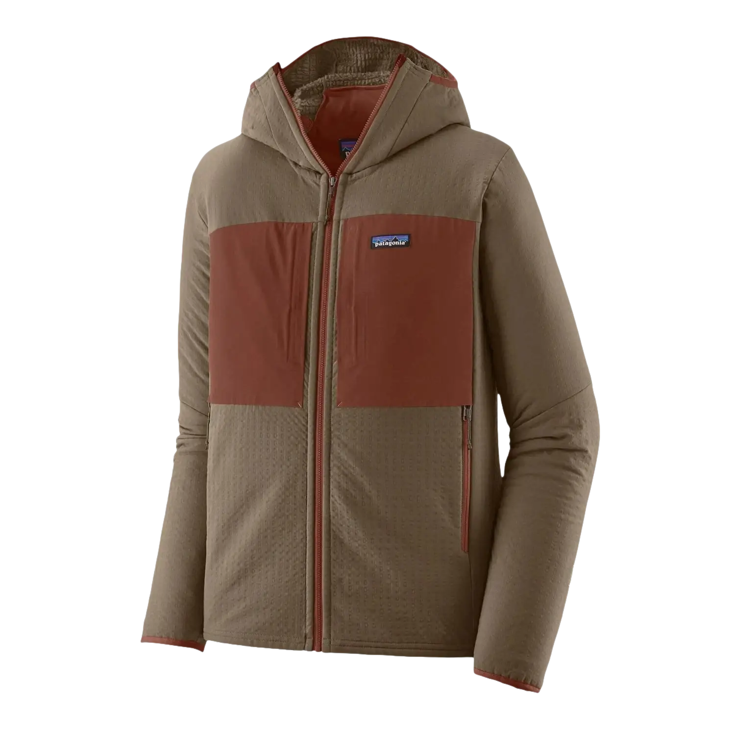 Patagonia Men's R2 Techface Hoodie in marlow brown, flat front view