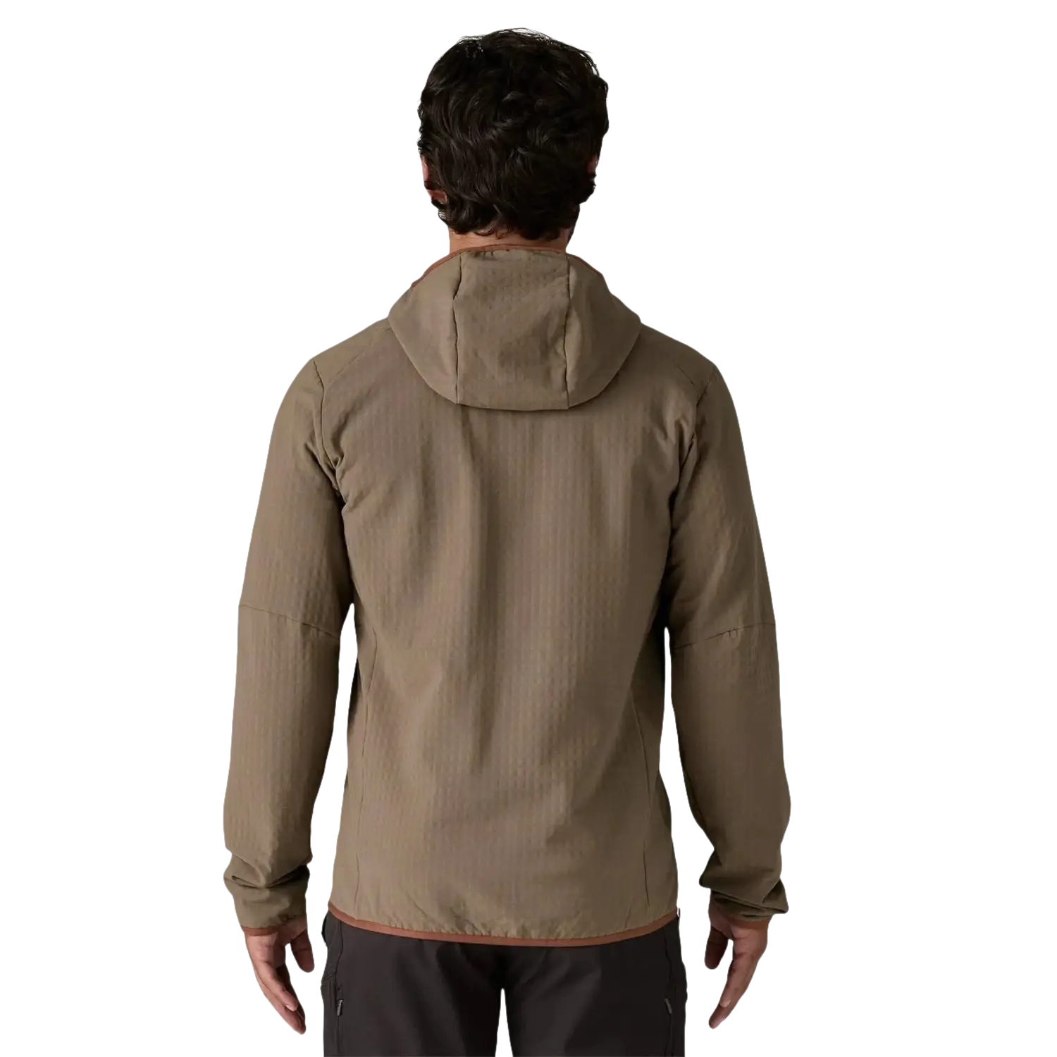 Patagonia Men's R2 Techface Hoodie in marlow brown, on model back view