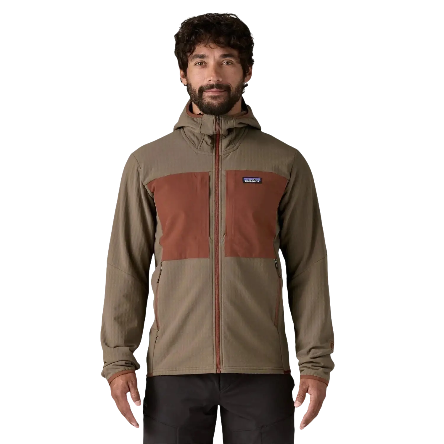 Patagonia Men's R2 Techface Hoodie in marlow brown, on model front view