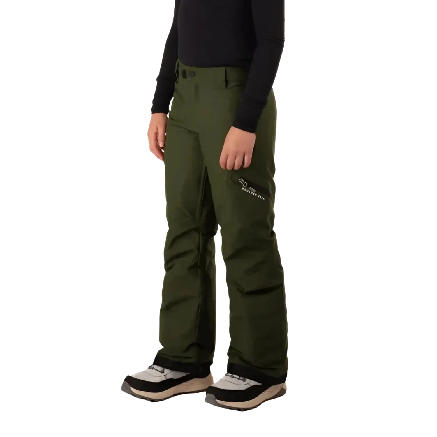 Boulder Gear Boy's Bolt Cargo Snow Pant in seaweed green, on model side view