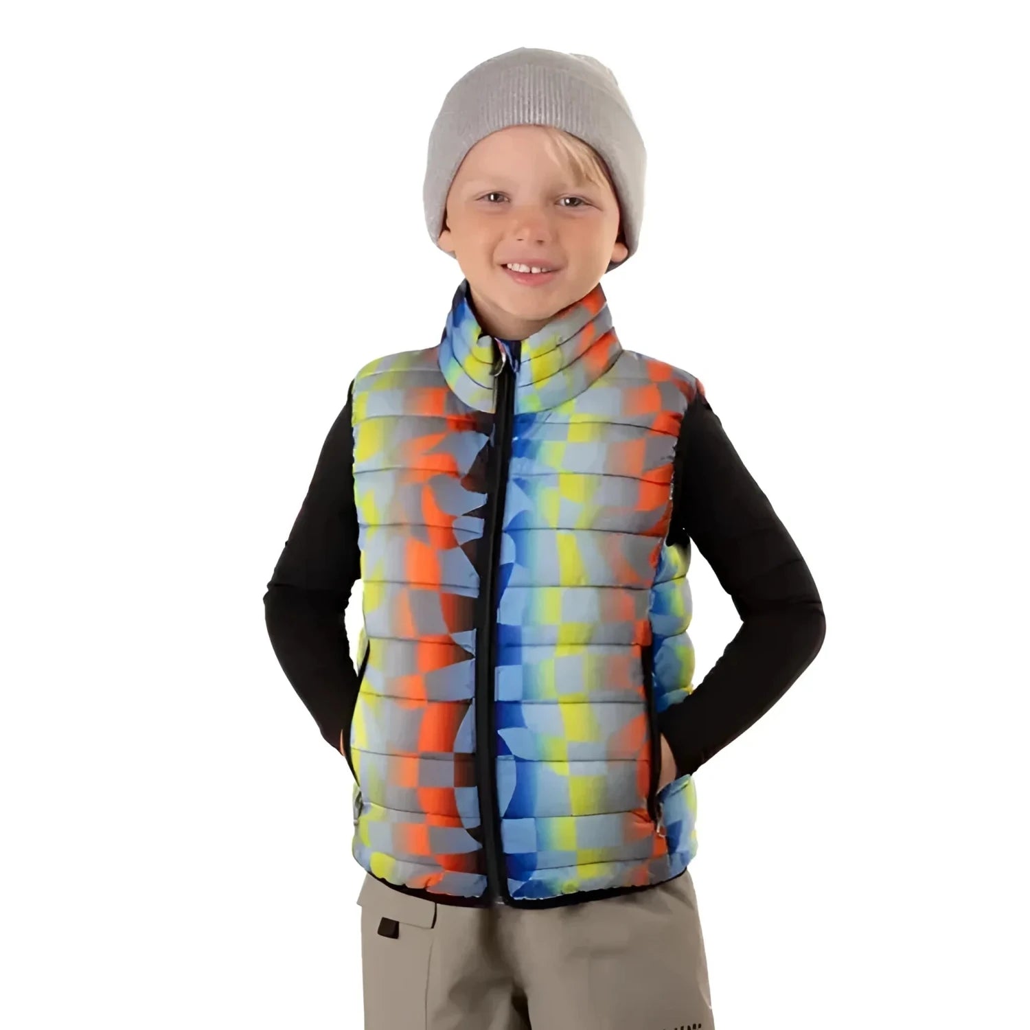 Boulder Gear Kid's D-Lite Puffer Vest in summer camp, on model front view
