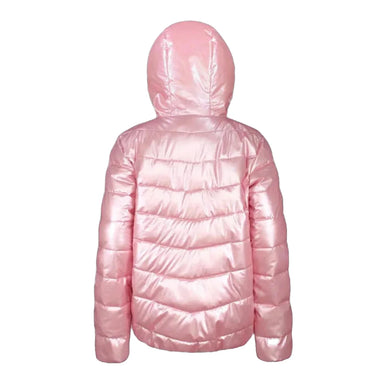 Boulder Gear Youth Trinket Jacket in Cotton Candy. A quilted jacket with hood in shiny pink. Back View.