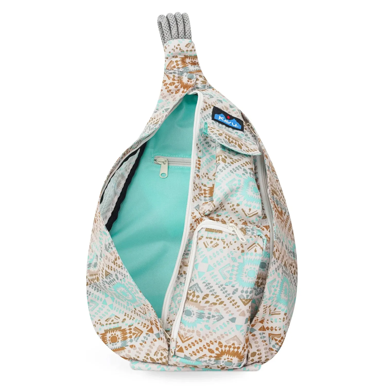 KAVU Rope Sling Bag in valley trail, front view unzipped