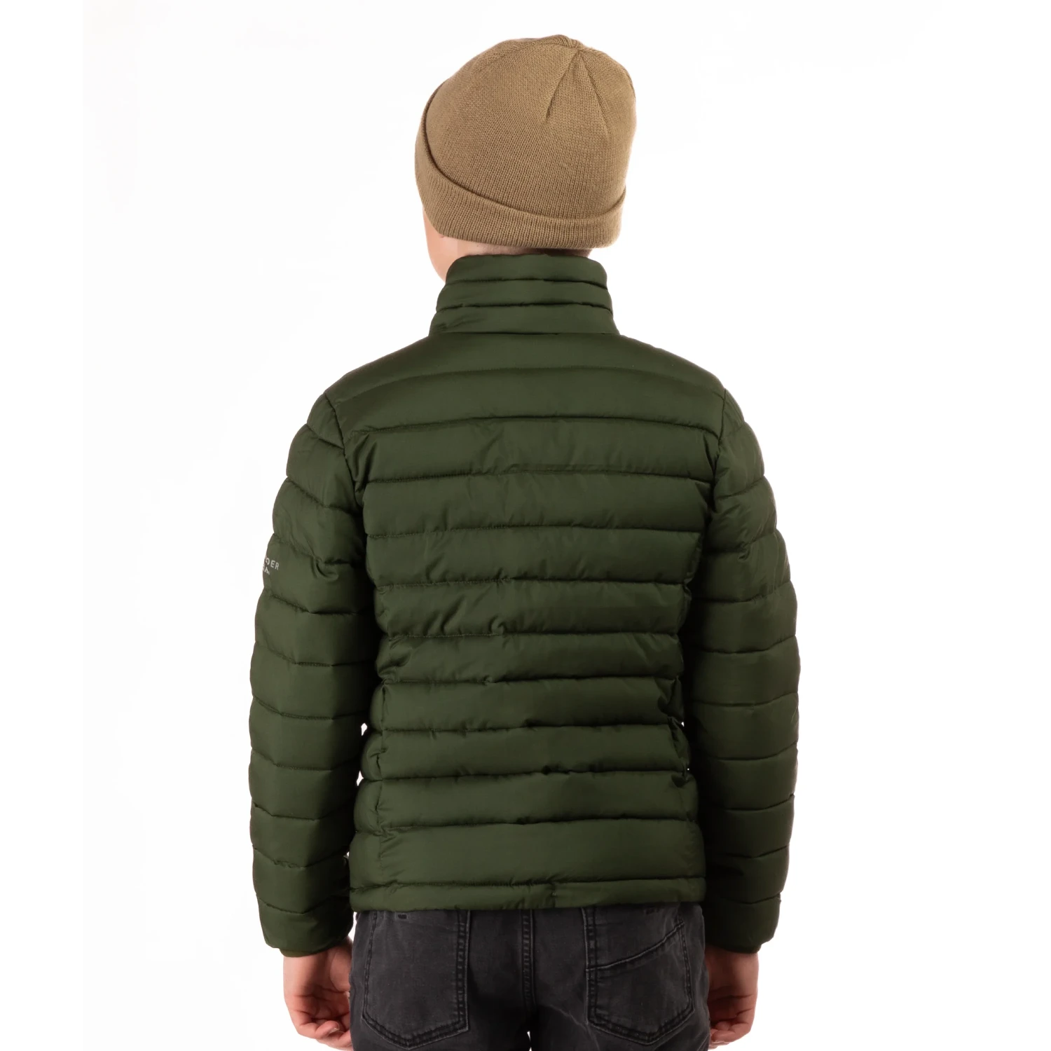 Boulder Gear Kid's Voyage Puffy Jacket in seaweed green, on model back view