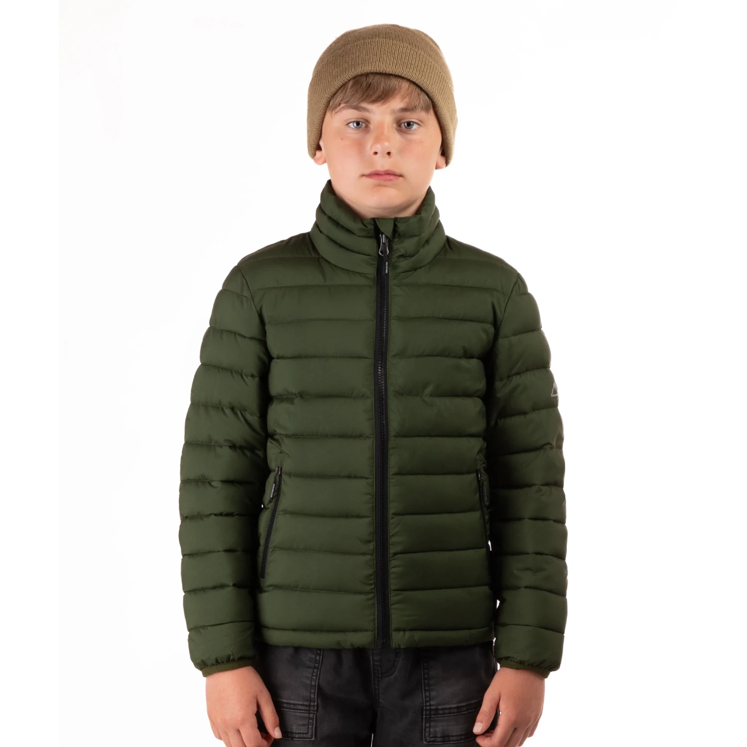 Boulder Gear Kid's Voyage Puffy Jacket in seaweed green, on model front view