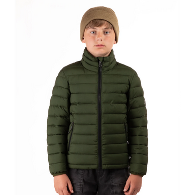 Boulder Gear Kid's Voyage Puffy Jacket in seaweed green, on model front view