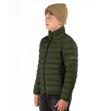 Boulder Gear Kid's Voyage Puffy Jacket in seaweed green, on model side view