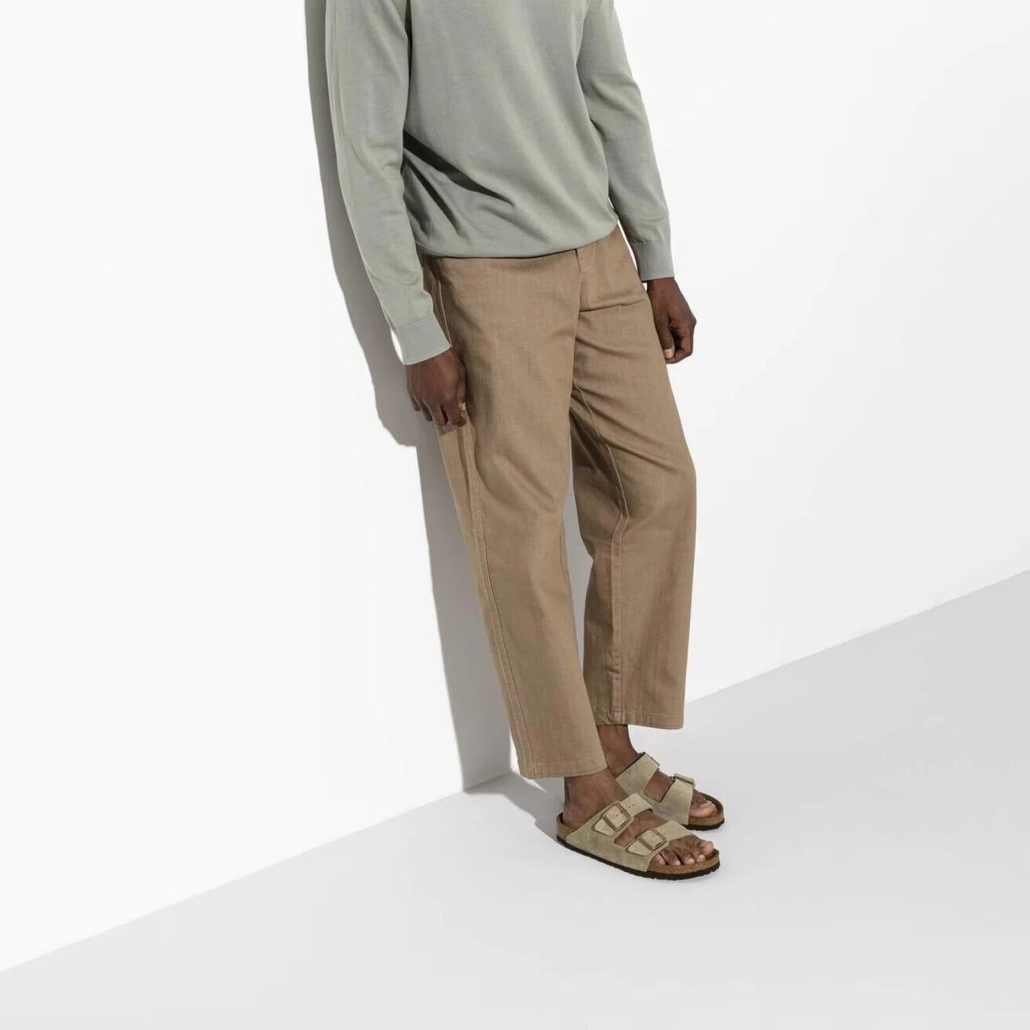 Birkenstock Arizona Soft Footbed Suede Sandal in taupe, on man model view