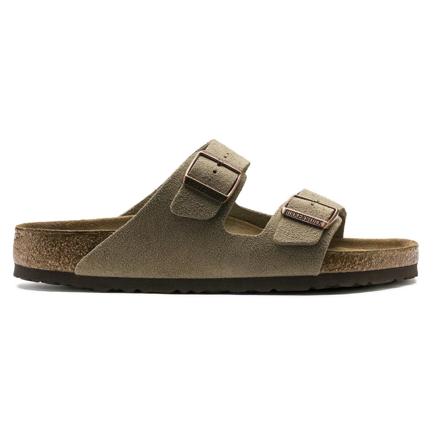 Birkenstock Arizona Soft Footbed Suede Sandal in taupe, side view