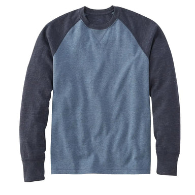 LL Bean Men's Washed Cotton Double-Knit Crewneck, shown in the Bayside Blue Heather/Raven Blue Heather color option.