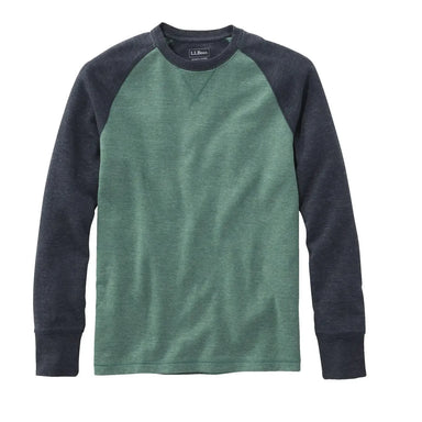 LL Bean Men's Washed Cotton Double-Knit Crewneck shown in the Juniper Heather/Raven Blue Heather color option
