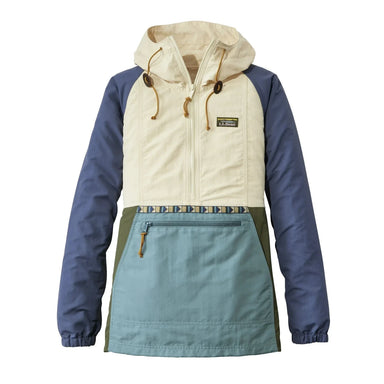 LL Bean Women's Mountain Classic Anorak shown in the Natural/Mineral Blue color option, front view.