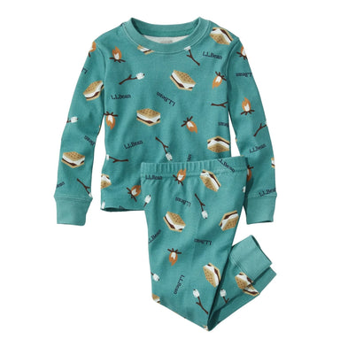 LL Bean Toddler's Organic Cotton Fitted Pajamas shown in the Blue-Green Smores print. Front view.