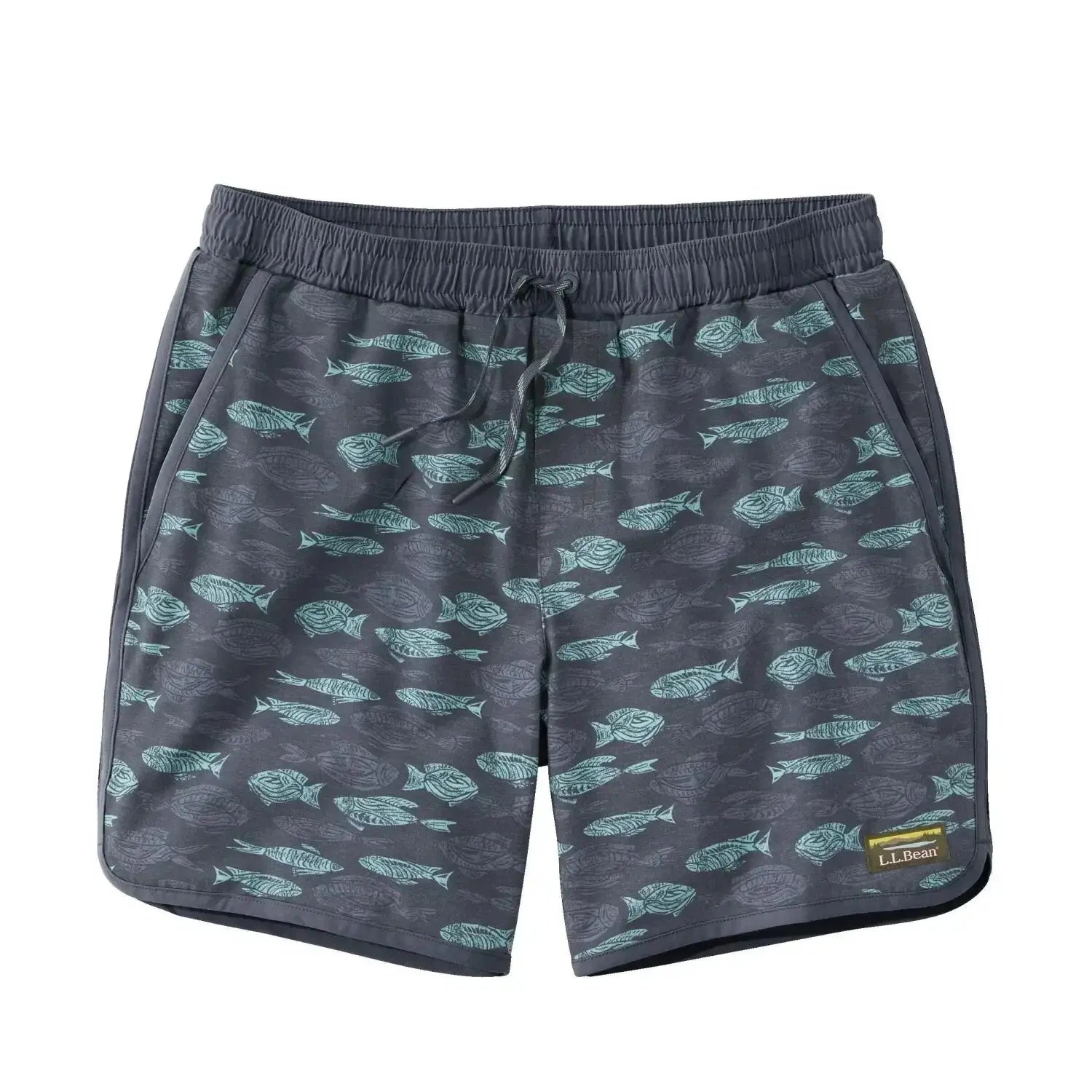 LL Bean Men's All-Adventure Swim Shorts shown in the Carbon Navy Fish Print. Front view.