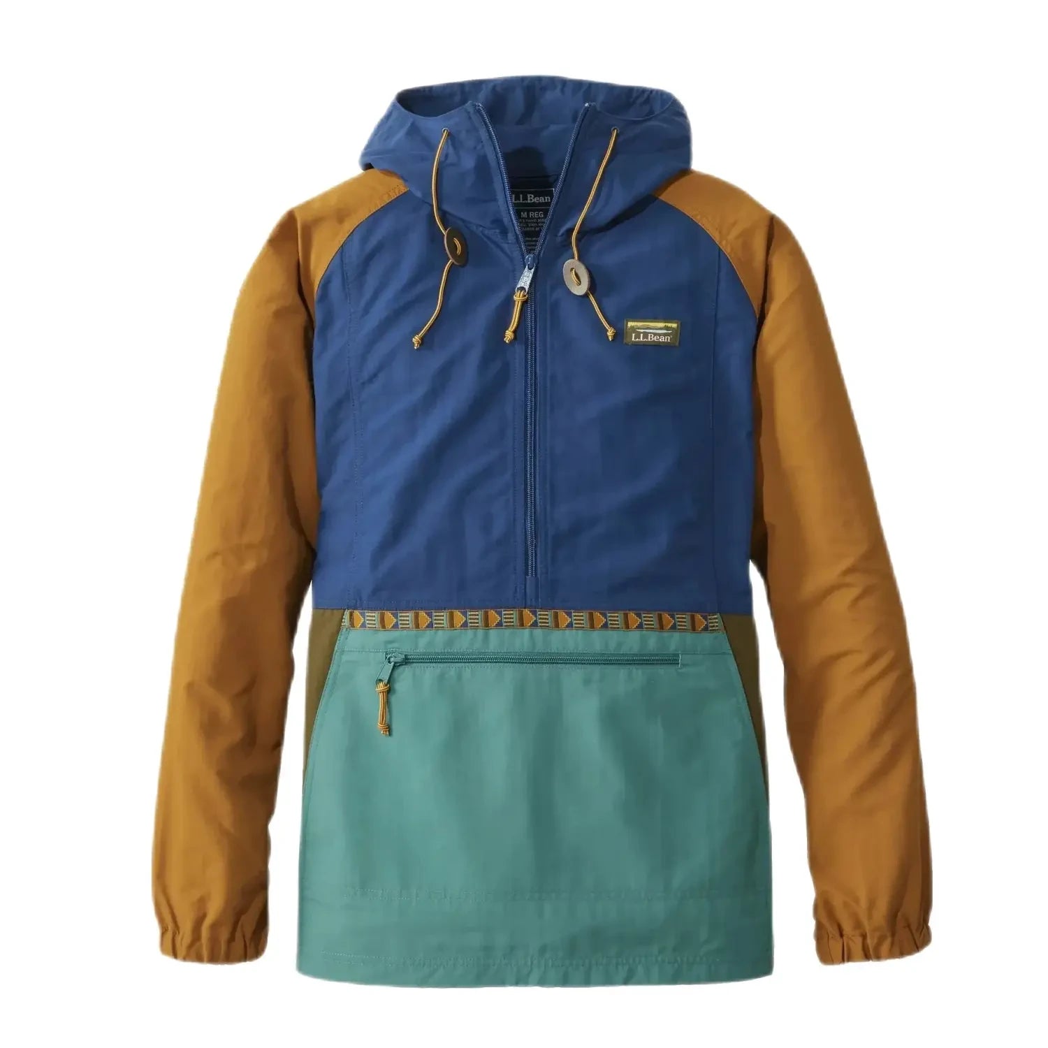 LL Bean Men's Mountain Classic Anorak shown in the Collegiate Blue/Rustic Green color option, front view.