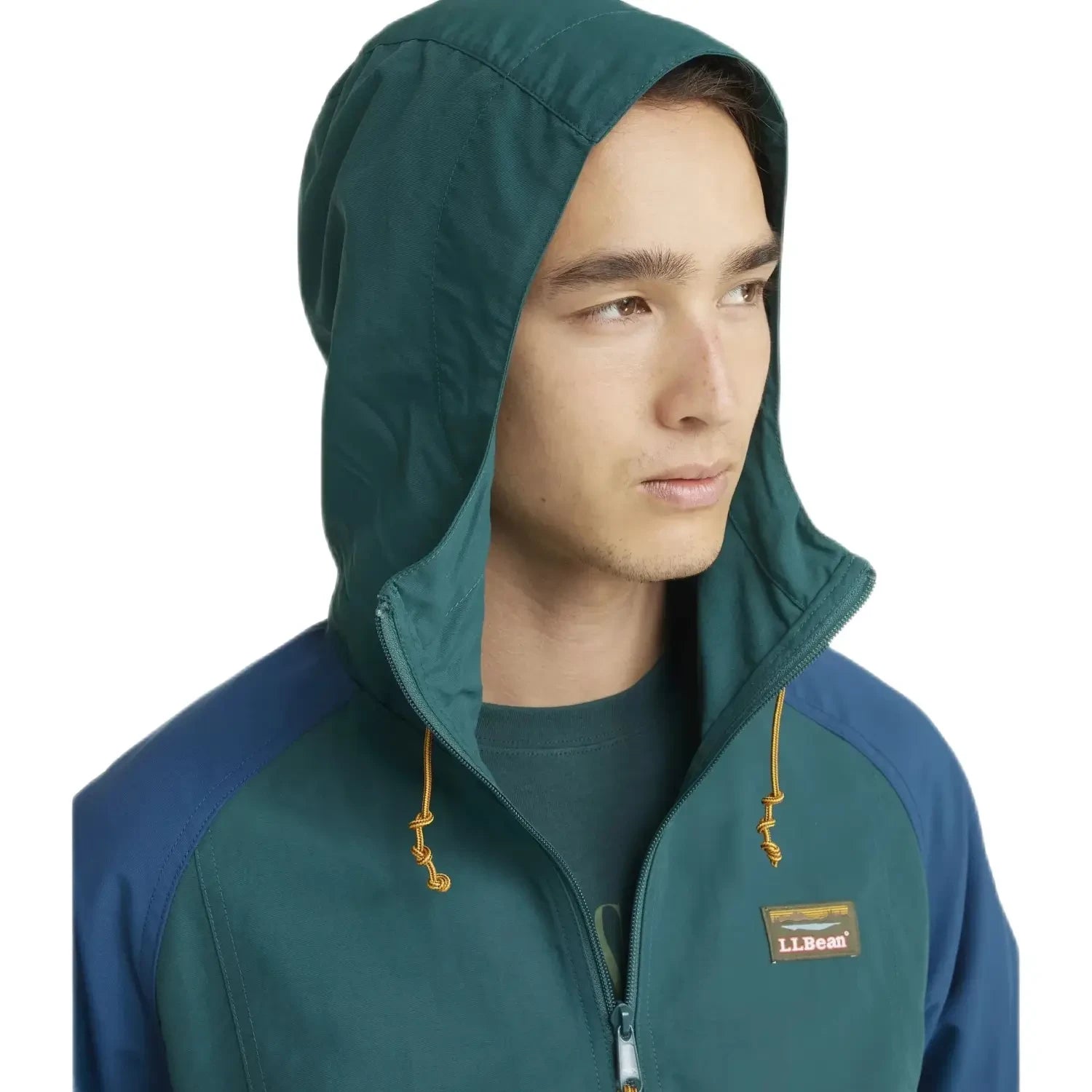 LL Bean Men's Mountain Classic Anorak shown in the Spruce/Tuscan Olive color option, hood view on model.