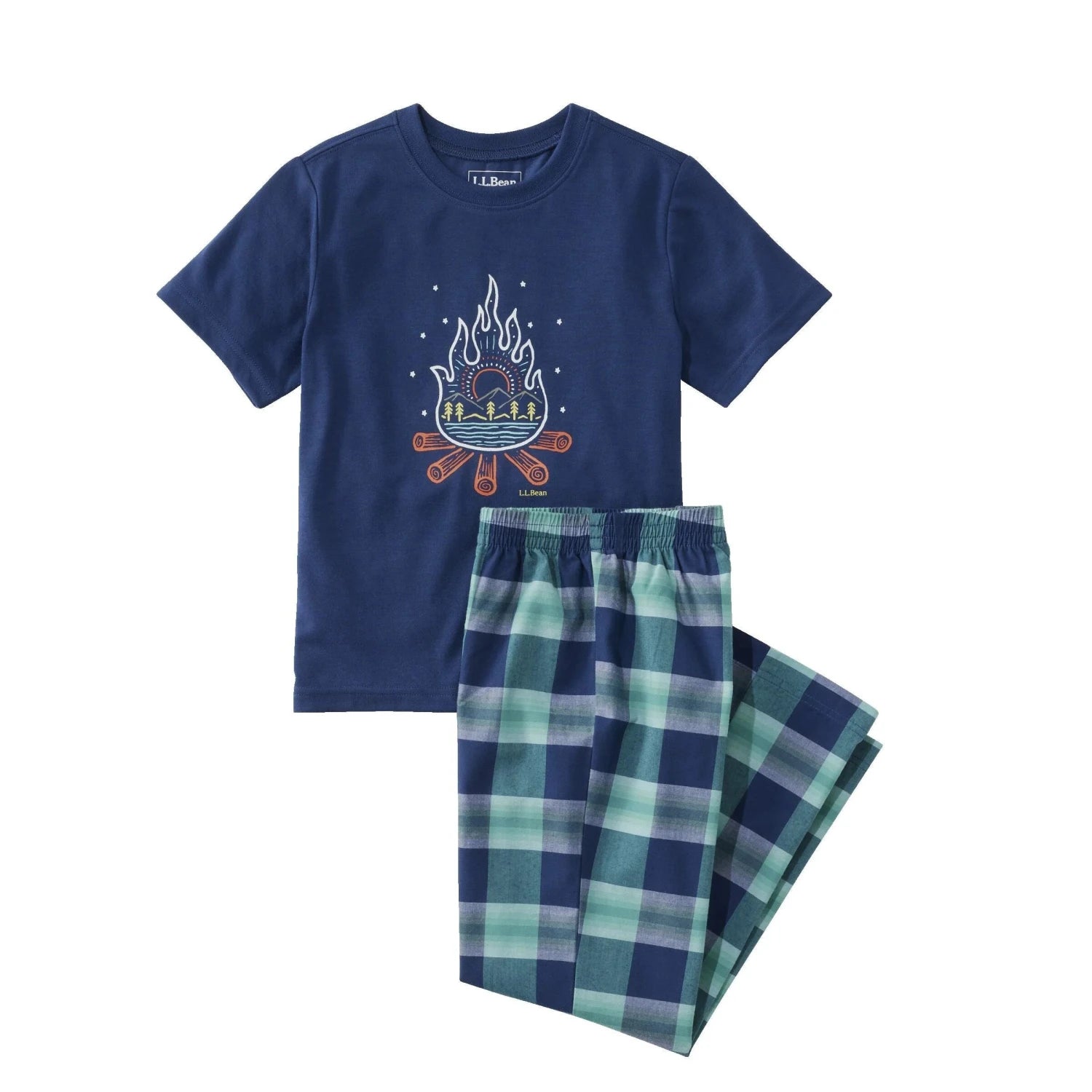 LL Bean Kid's All-Season Pajamas shown in the Deep Marine Campfire print. Front view.