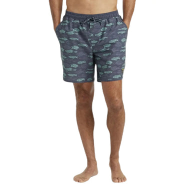 LL Bean Men's All-Adventure Swim Shorts shown in the Carbon Navy Fish Print, on model. front view.