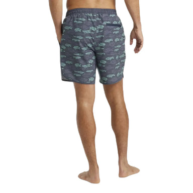 LL Bean Men's All-Adventure Swim Shorts shown in the Carbon Navy Fish Print, on model. Back view.