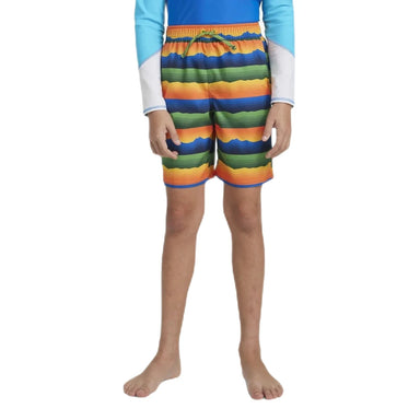 LL Bean Boy's Beansport Board Shorts shown in the Bold Orange Scenic color/print option. Front view on model.