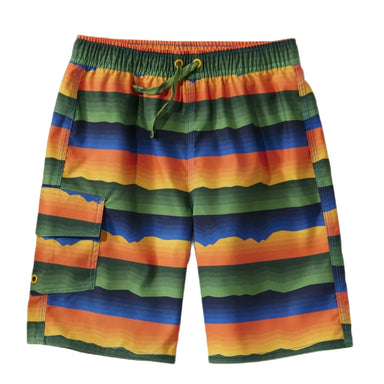 LL Bean Boy's Beansport Board Shorts shown in the Bold Orange Scenic color/print option. Front view.