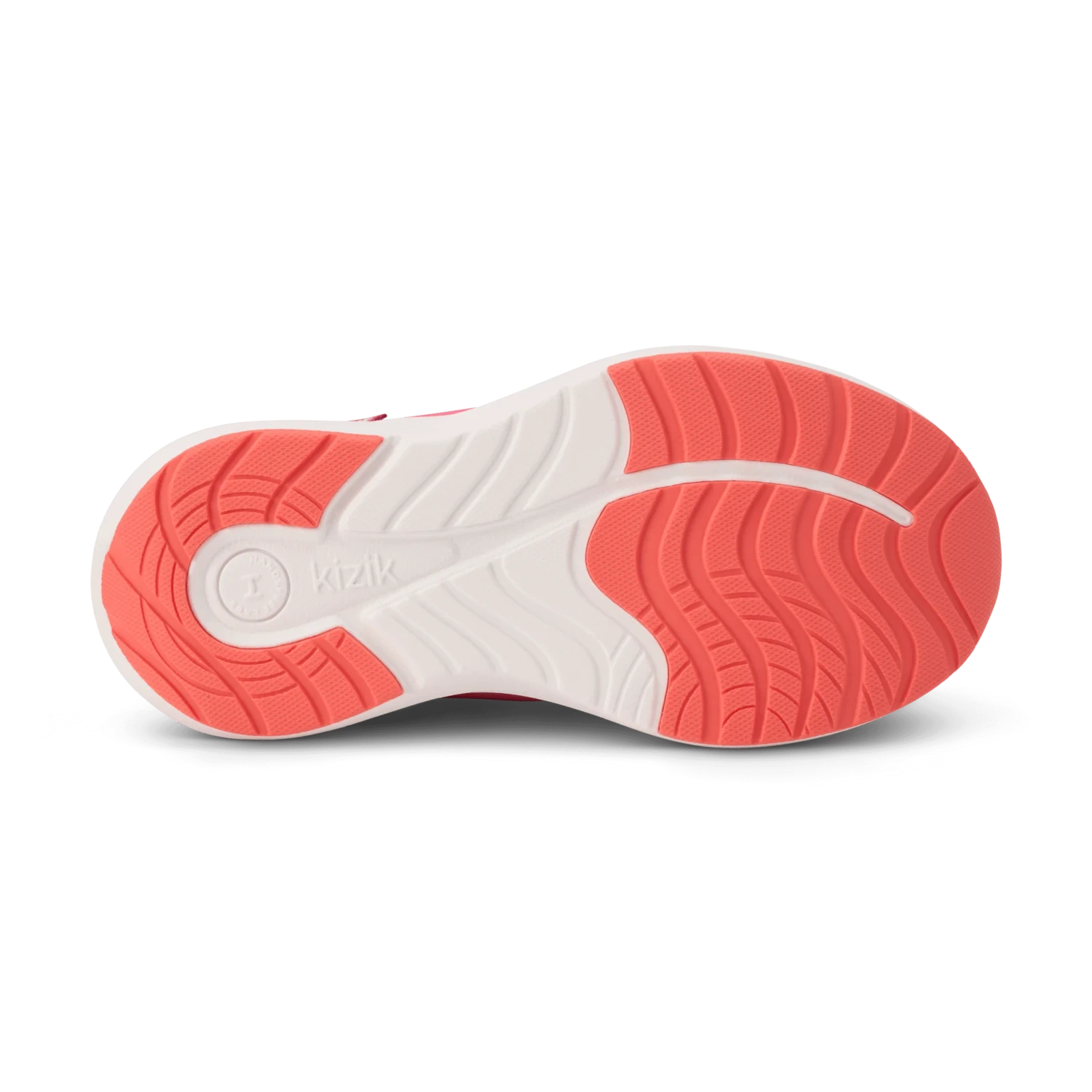 Kizik Kid's Athens 2 sneaker in fiery coral & rose violet, sole view