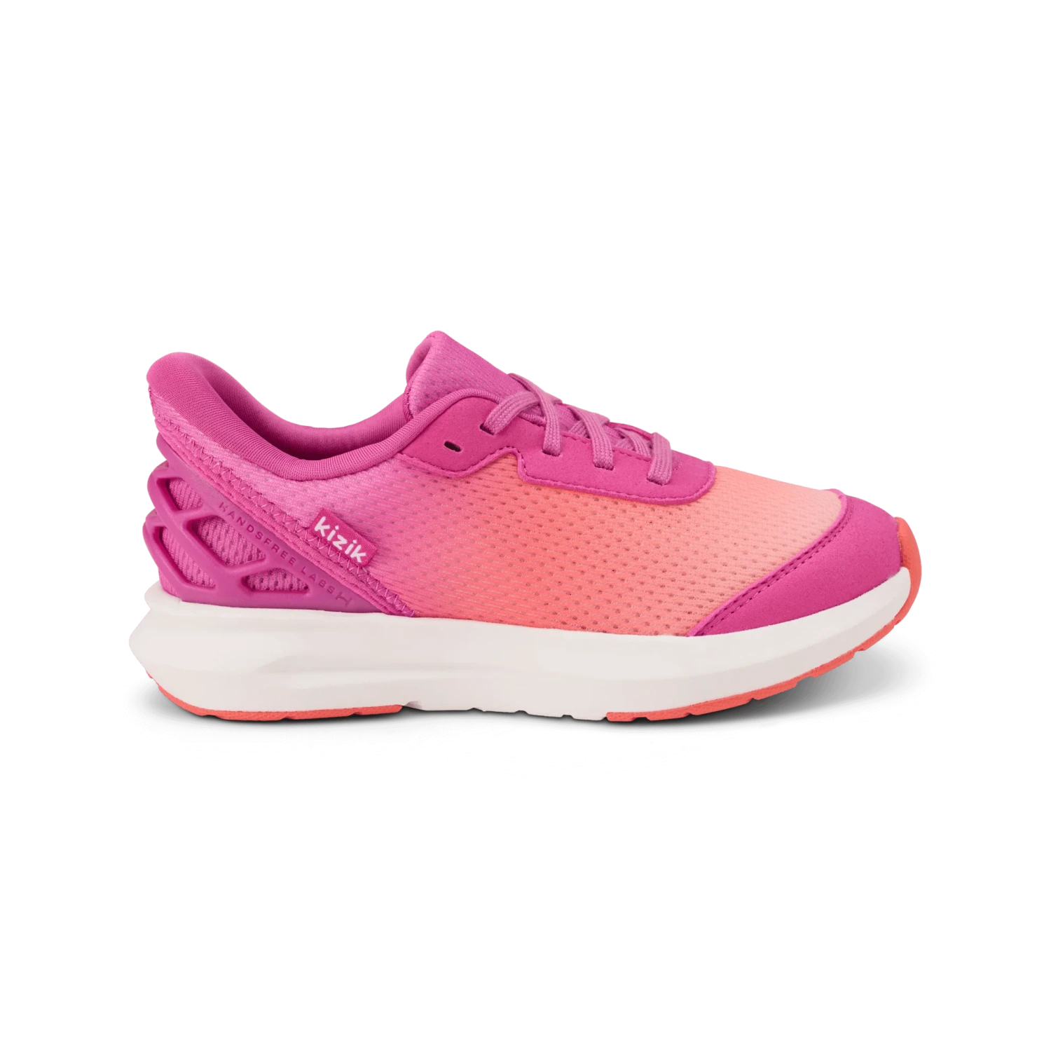 Kizik Kid's Athens 2 sneaker in fiery coral & rose violet, side view