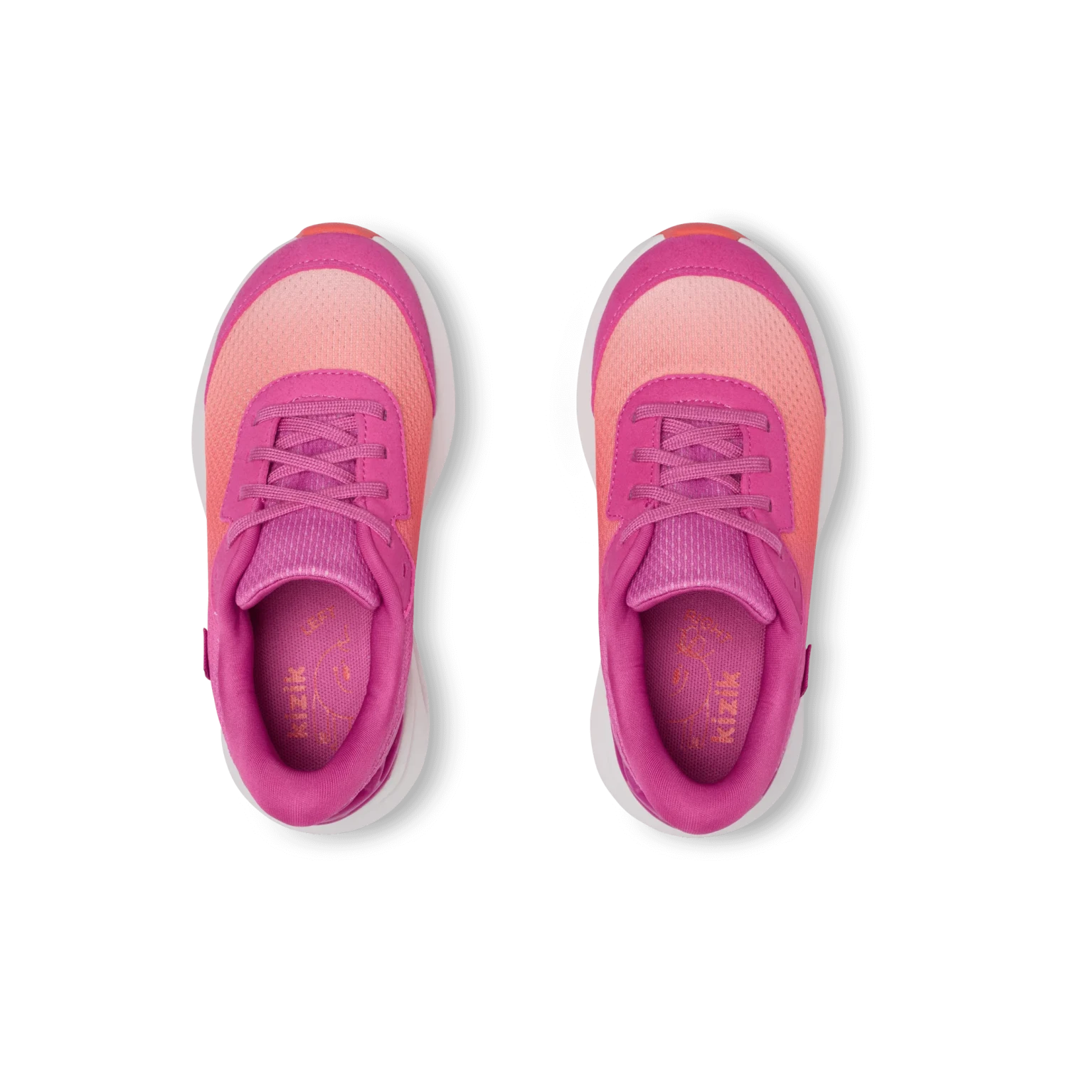 Kizik Kid's Athens 2 sneaker in fiery coral & rose violet, top view