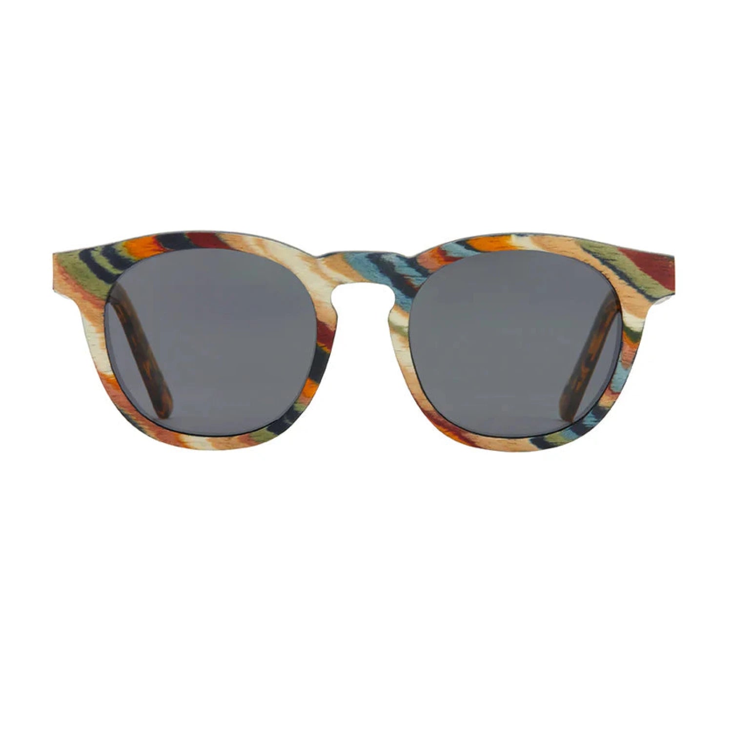 Blue Planet Origins Series Round Polarized Sunglasses in rainbow wood, front view 