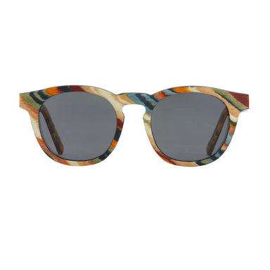 Blue Planet Origins Series Round Polarized Sunglasses in rainbow wood, front view 