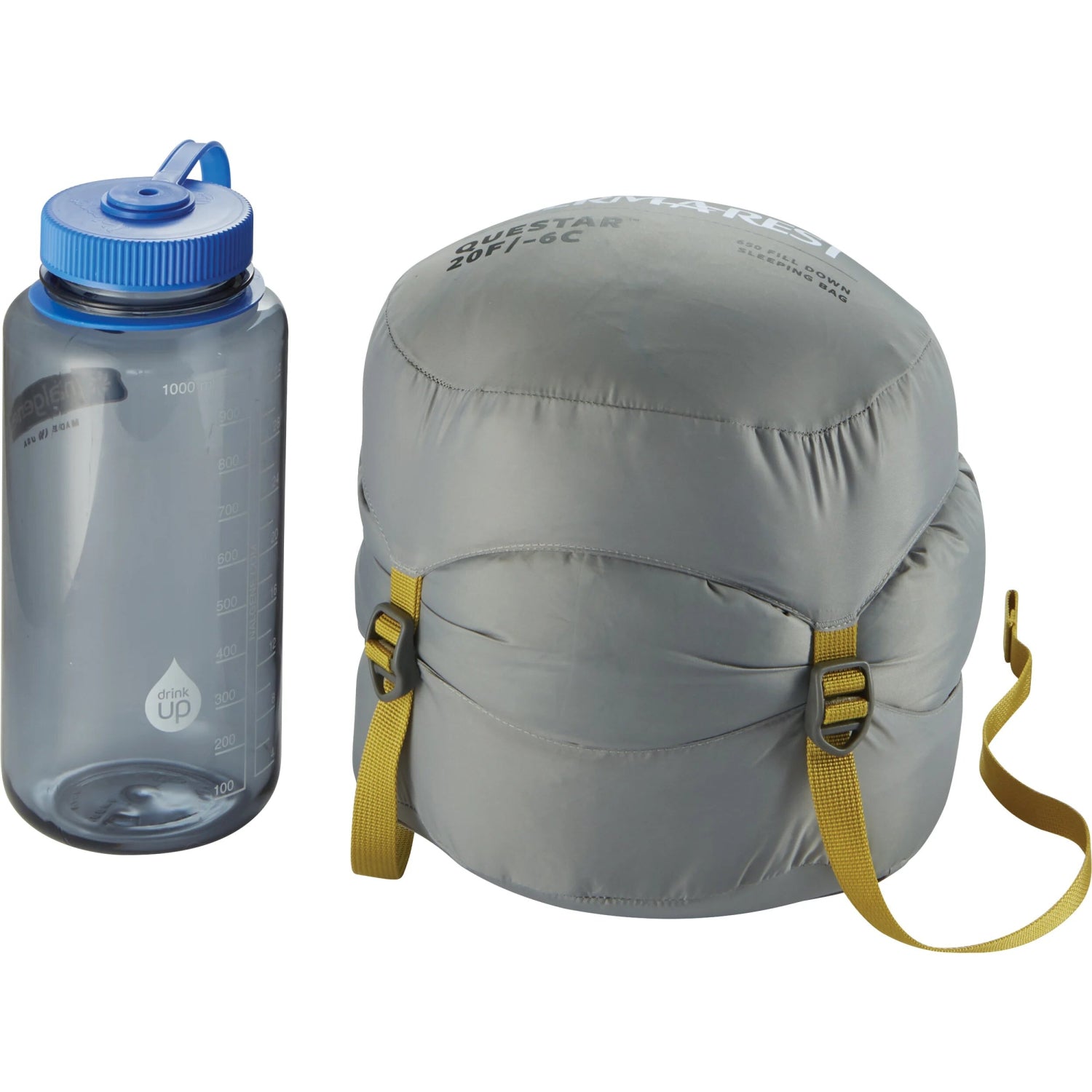 Therm-a-Rest Questar™ 20F/-6C Sleeping Bag size regular in balsam, packed up in stuff sack compared to a 32 oz nalgene bottle at Bearcub Outfitters. roughly as tall