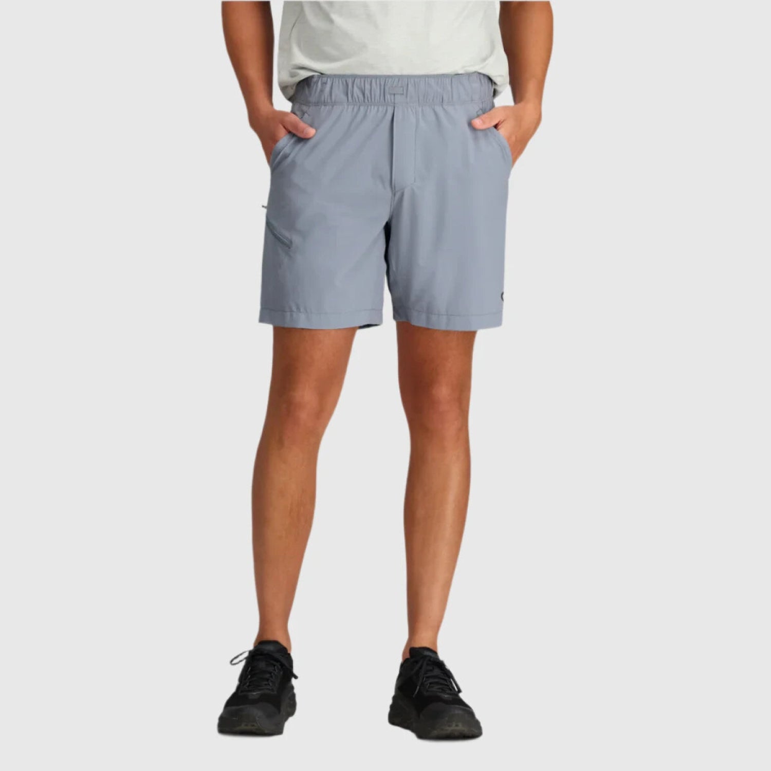 Outdoor Research Men's Astro Shorts - 7" Inseam, shown in the Slate color option at Bearcub Outfitters. Front view on model.