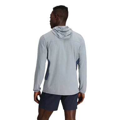 Outdoor Research Men's Astroman Air Sun Hoodie shown in the Slate/Cenote color option at Bearcub Outfitters Back view on model.