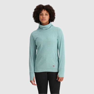 Outdoor Research Women's Trail Mix Cowl Pullover shown in the Sage color option at Bearcub Outfitters. Front view.