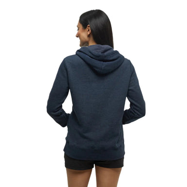 Tentree Women's Retro Juniper Classic Hoodie in midnight heather and terracotta, model back