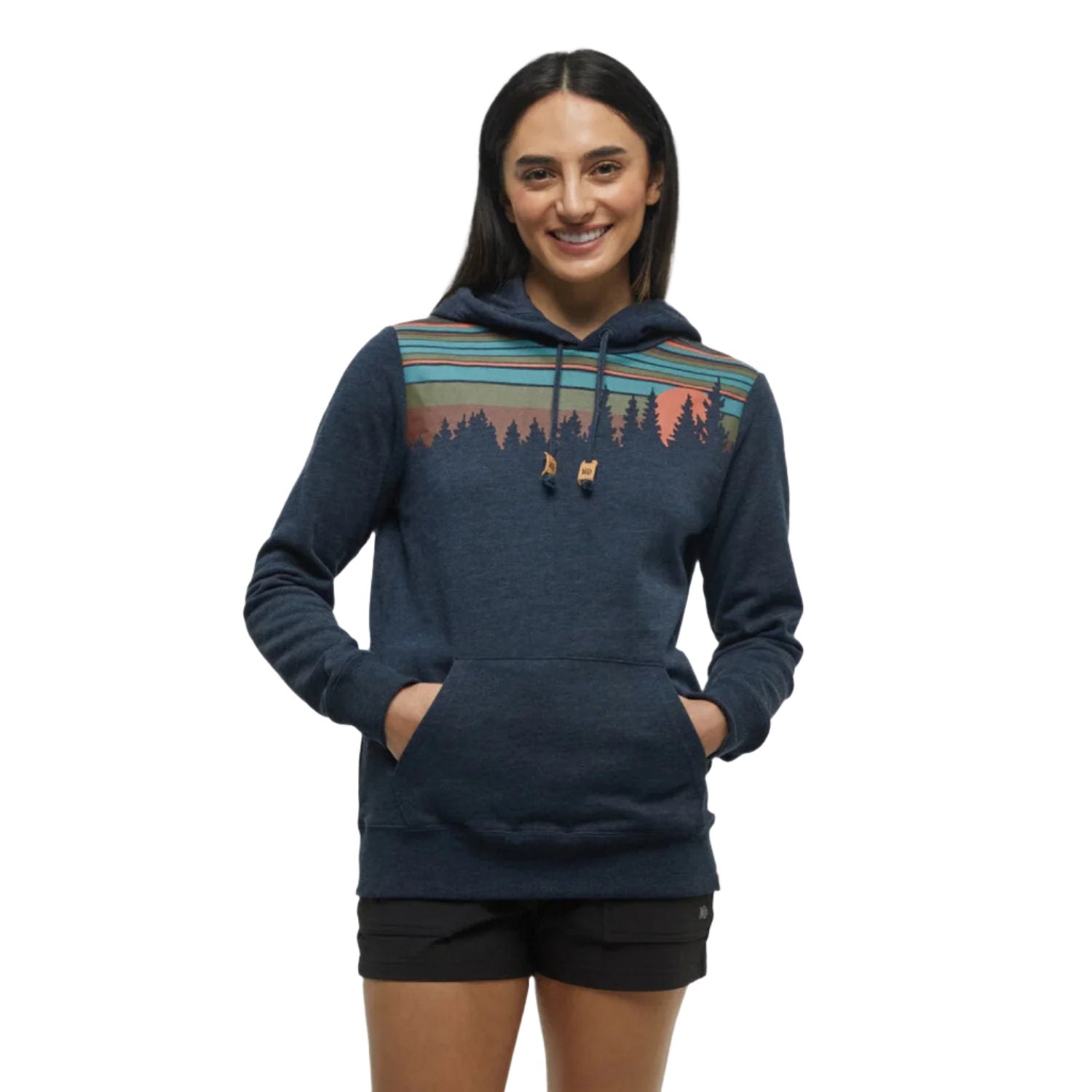 Tentree Women's Retro Juniper Classic Hoodie in midnight heather and terracotta, model front