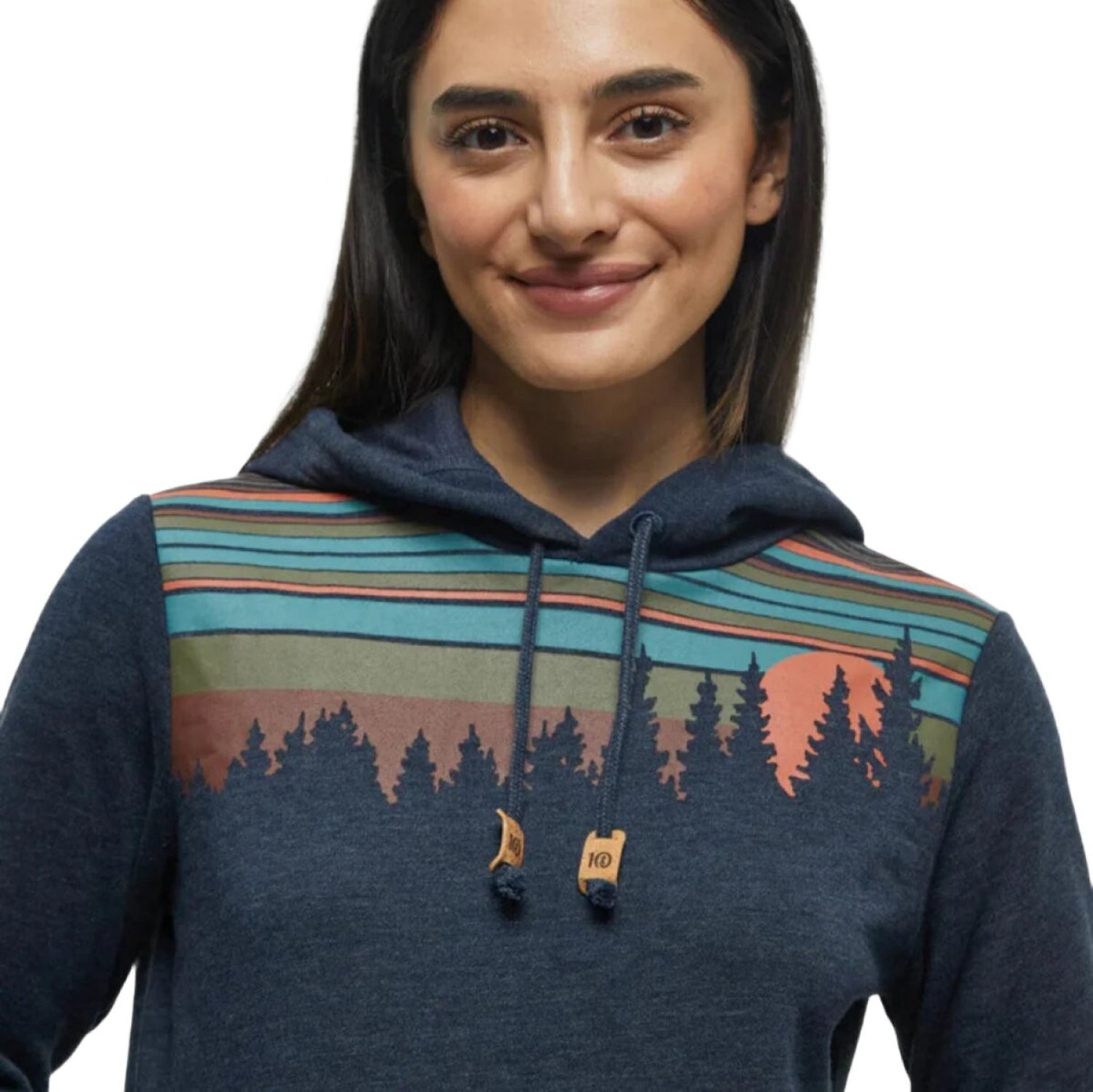 Tentree Women's Retro Juniper Classic Hoodie in midnight heather and terracotta, model front graphic detail