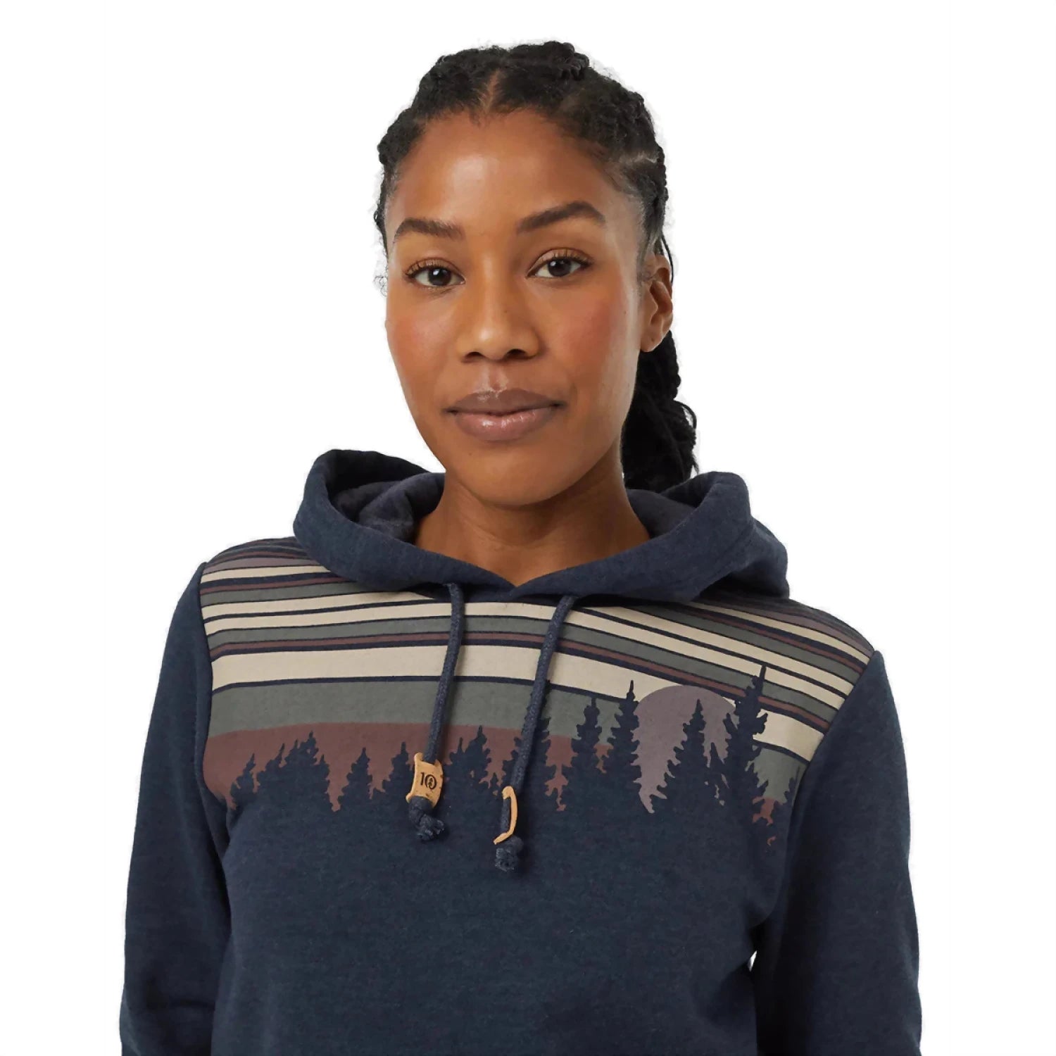 Tentree Women's Retro Juniper Classic Hoodie in midnight blue mineral heather, model front graphic detail