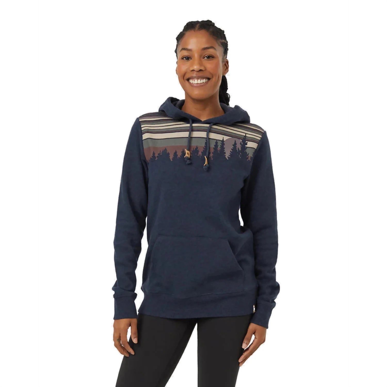 Tentree Women's Retro Juniper Classic Hoodie in midnight blue mineral heather, model front