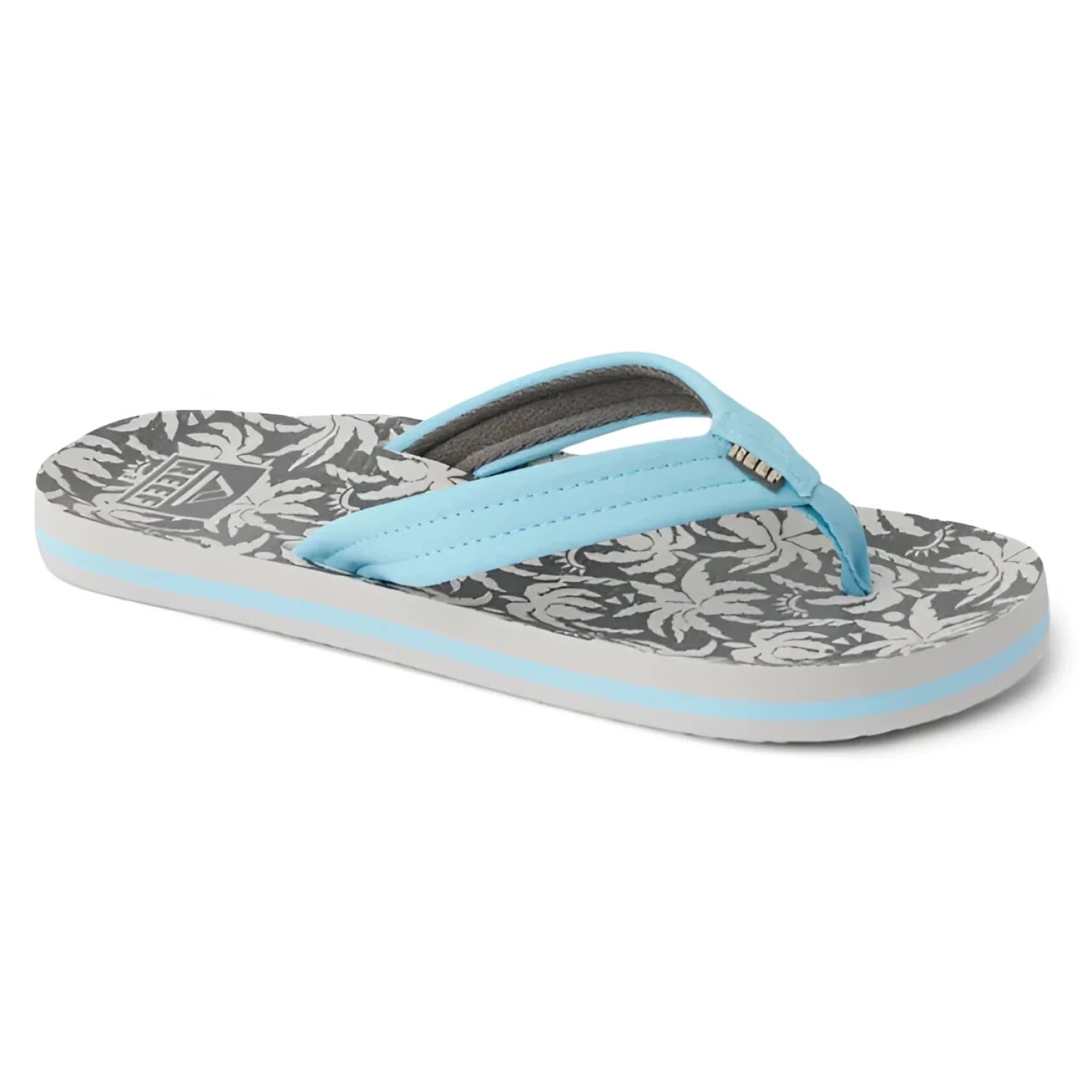 Reef Kid's Ahi Sandals in light blue palm, side view