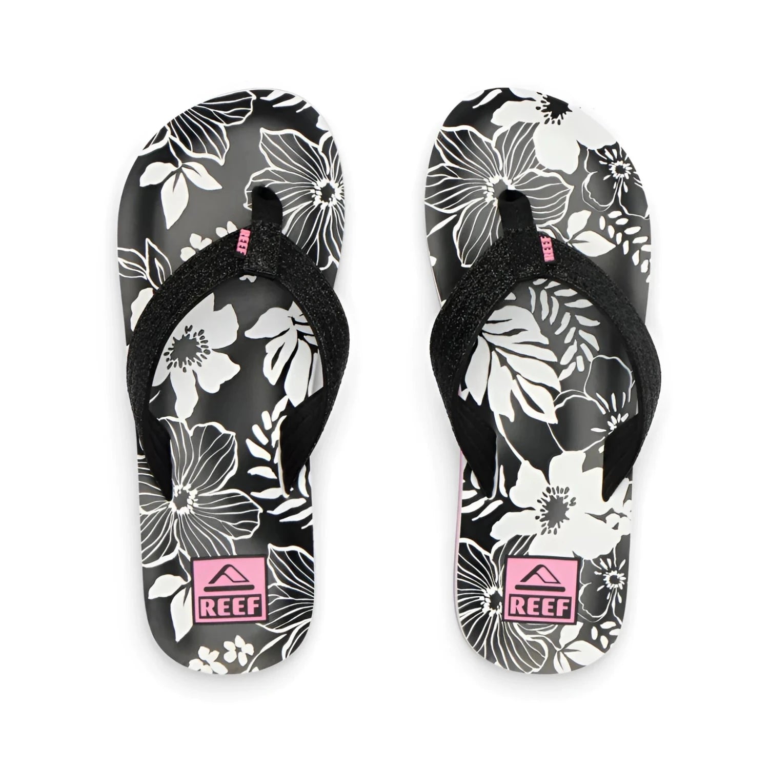 Reef Kid's Ahi Sandals in pink & black floral, pair top view