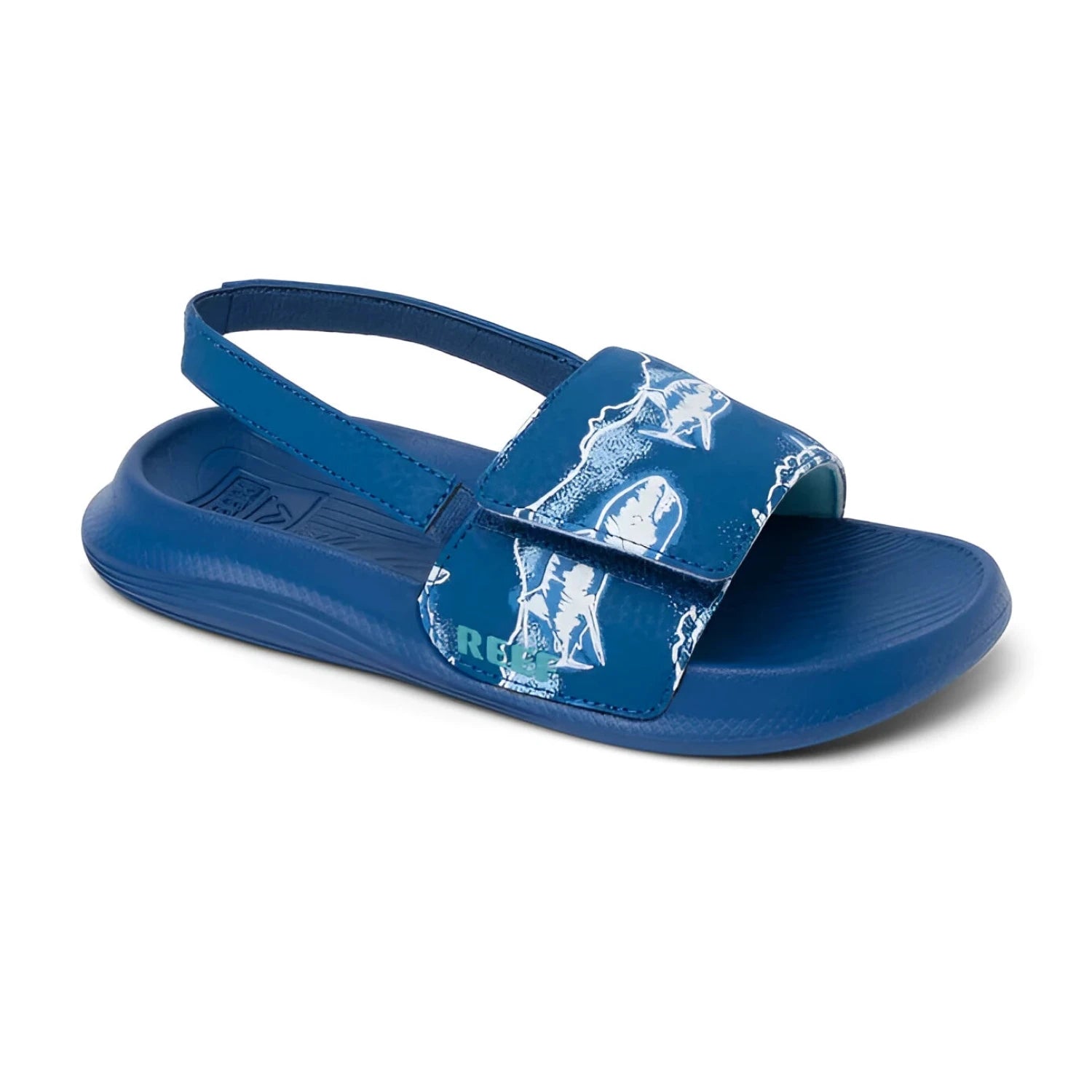 Reef Little Salty Slide in royal sharks, front view